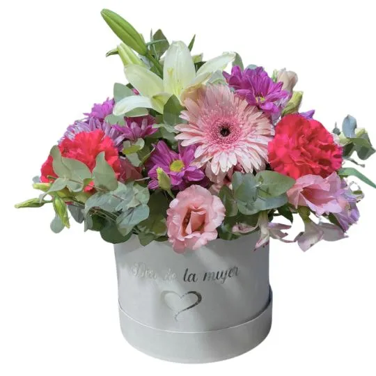 caja pote con flores de estacion feliz dia 